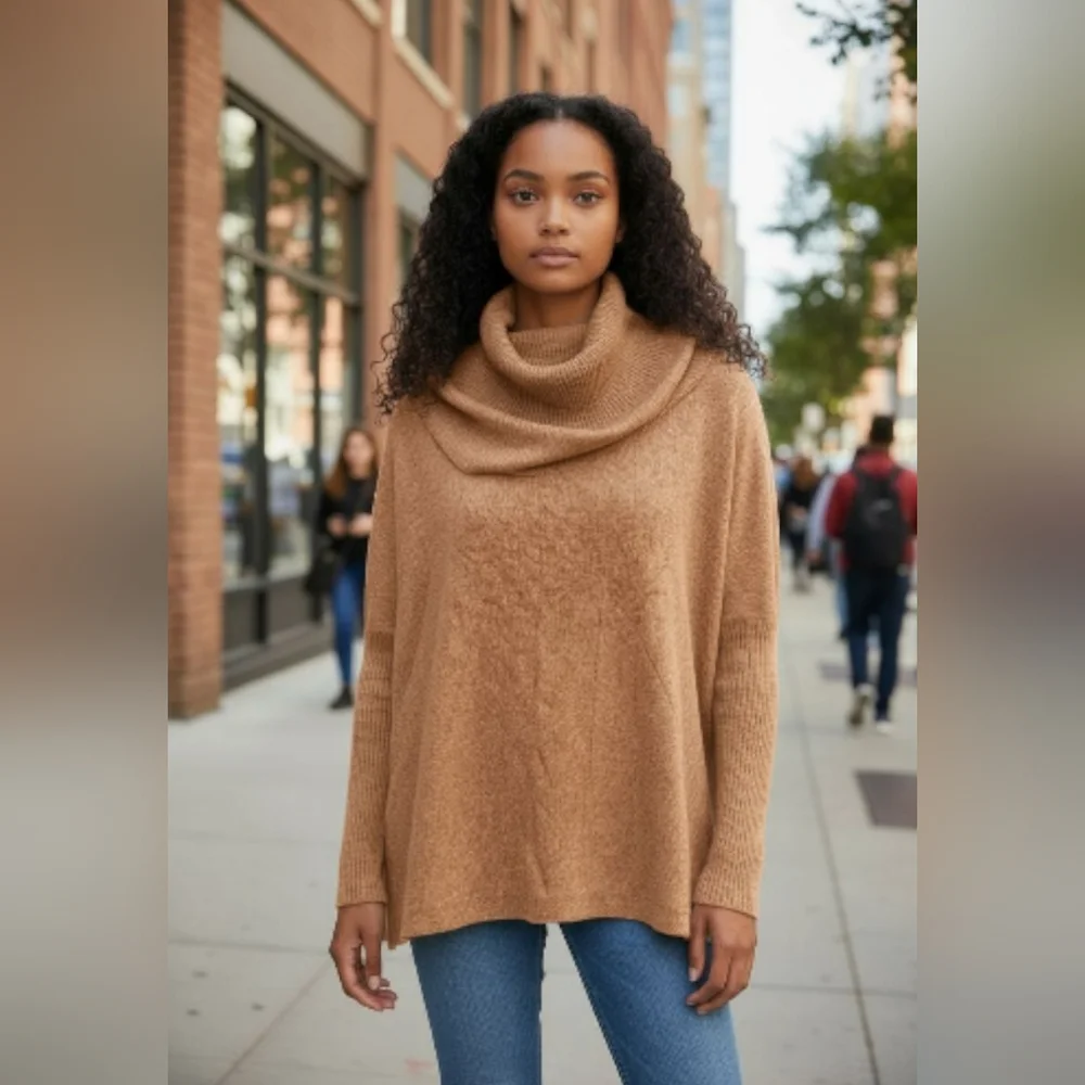Elegant Cowl Neck Sweater in Heathered Brown One Size